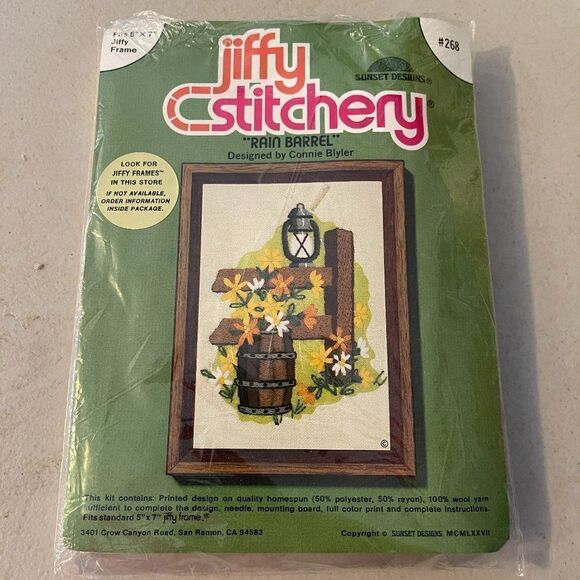 Vintage Jiffy Stitchery Rain Barrel #265 5X7 Crewel Kit NWT - Picture 1 of 5